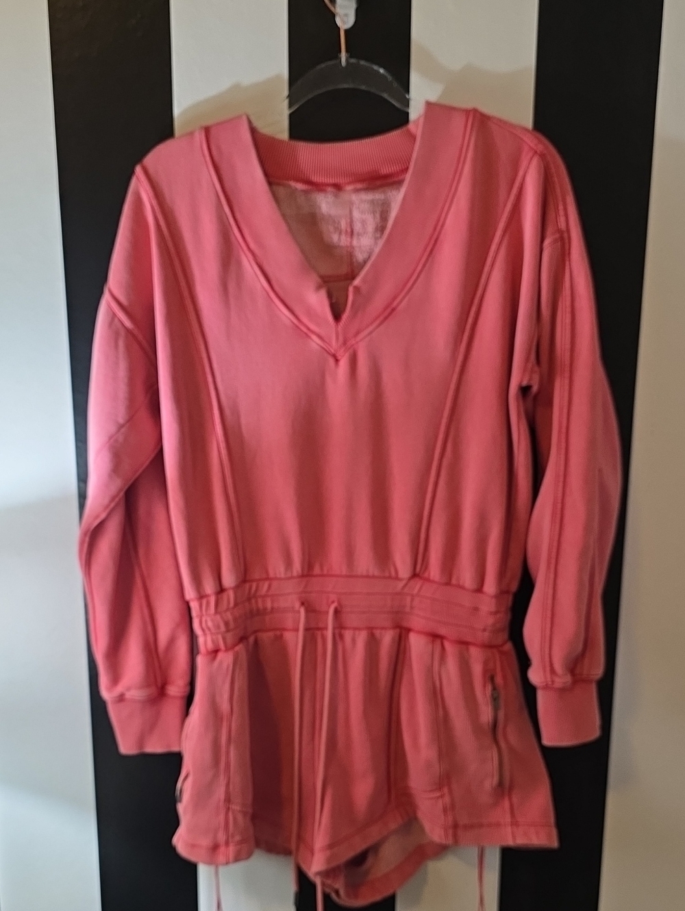 Coral Pink Drawstring Waist V-Neck Pullover Romper